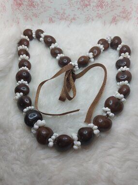 Cowrie Shell Necklace 26" Tagua Nut Brown Bead Tropical Hawaiian Boho Statement